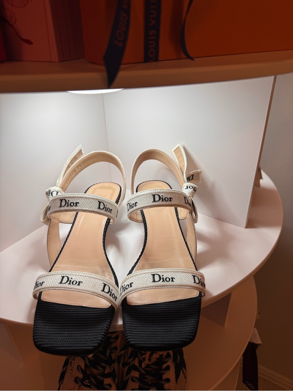 Dior Cream Canvas Logo Strap Slingback Sandals with Black Soles